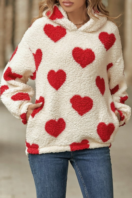 Fuzzy Heart Pattern Hoodie